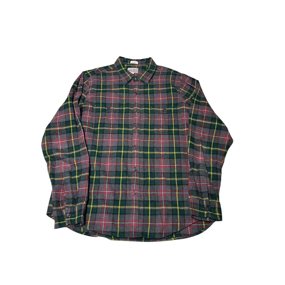 J.Crew‎ Mens Large Mid-Weight Flannel Shirt Plaid Green Grey Double Brushed L